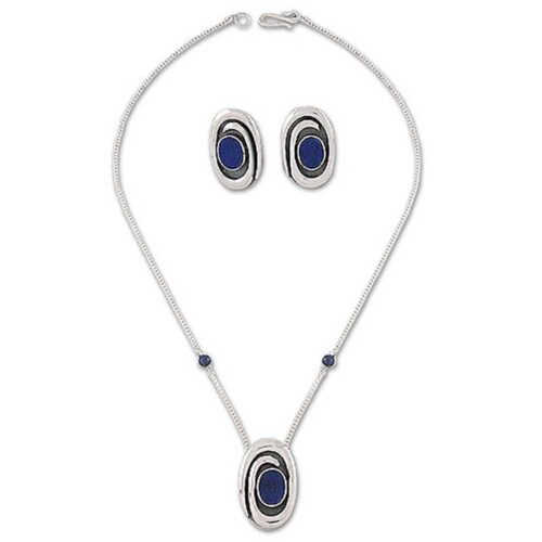 Sterling Silver and Lapis Lazuli Abstract Flower Necklace and Earrings Set