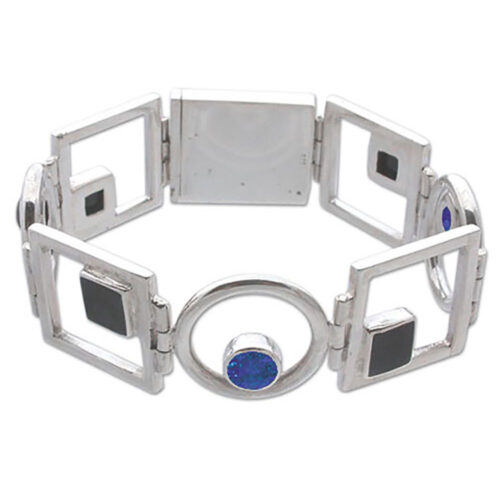 Sterling Silver, Lapis Lazuli and Obsidian Art Deco Bracelet