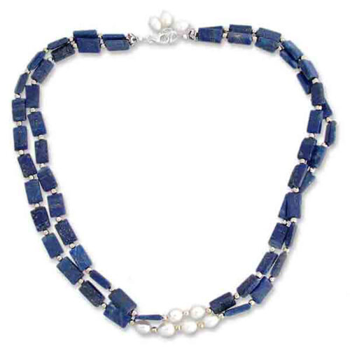 Sterling Silver, Lapis Lazuli and Water Pearls Beaded Necklace