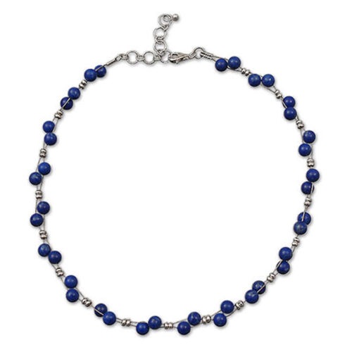 Double Tier Sterling Silver and 6 mm Lapis Lazuli Beads Necklace