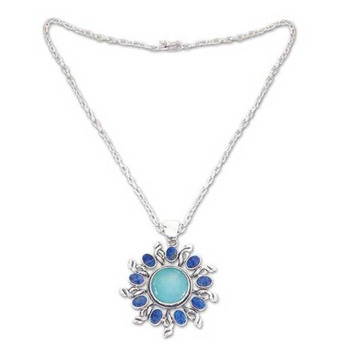 Sterling Silver, Lapis Lazuli and Turquoise Sunburst Necklace
