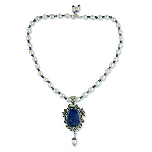 Water Pearl and Lapis Lazuli Beads Floral Medallion Necklace