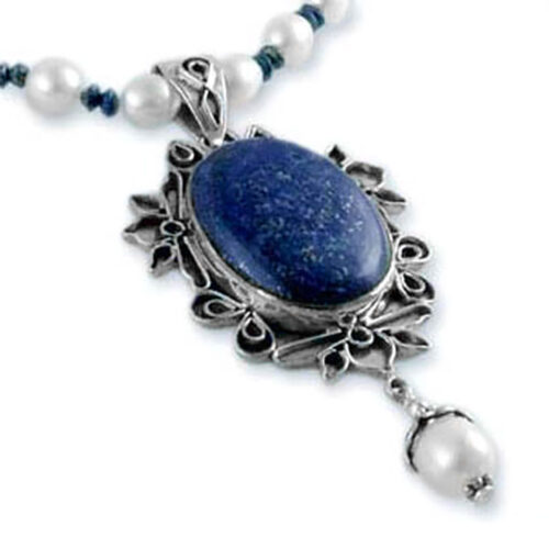 Water Pearl and Lapis Lazuli Beads Floral Medallion Necklace