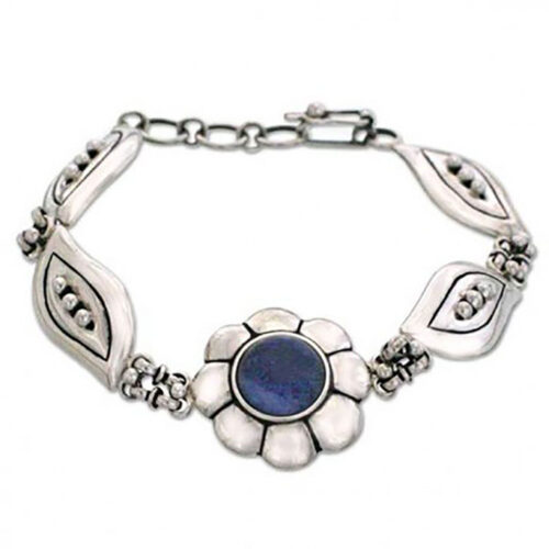 Sterling Silver and Lapis Lazuli Flower Cabochon Bracelet