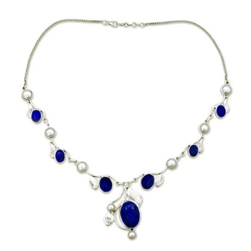 Lapis Lazuli and Water Pearls Sterling Silver Semi Collar