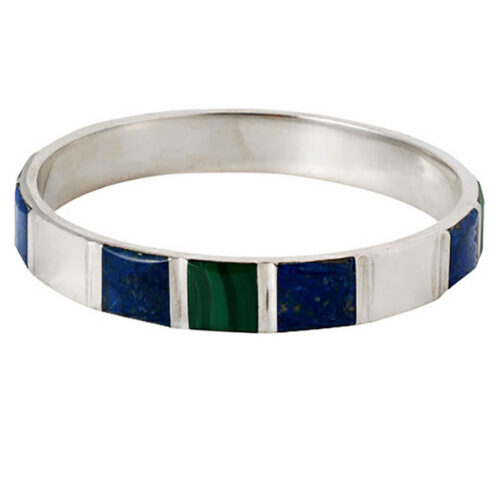 Sterling Silver Cuff Bracelet with Inlayed Lapis Lazuli and Malachite