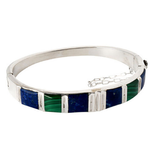 Sterling Silver, Lapis Lazuli and Malachite Hinged Cuff Bracelet