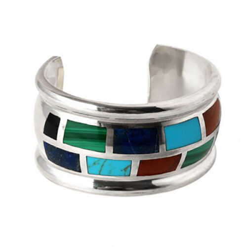 Sterling Silver and Lapis Lazuli, Turquoise, Malachite and Jasper Subway Tile Cuff Bracelet