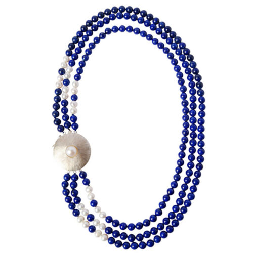 Triple Strand Water Pearl and Lapis Lazuli Beads Necklace