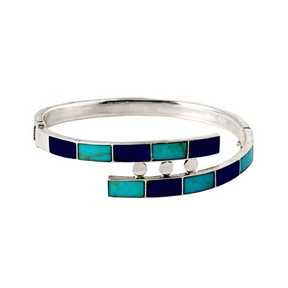 Sterling Silver, Lapis Lazuli and Turquoise Hinged Cuff Bracelet