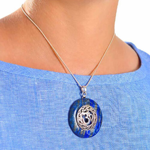 Lapis Lazuli and Sterling Silver Om Cabochon Pendant