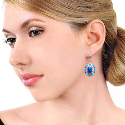 Sterling Silver, Turquoise and Lapis Lazuli Medallion Hanging Earrings