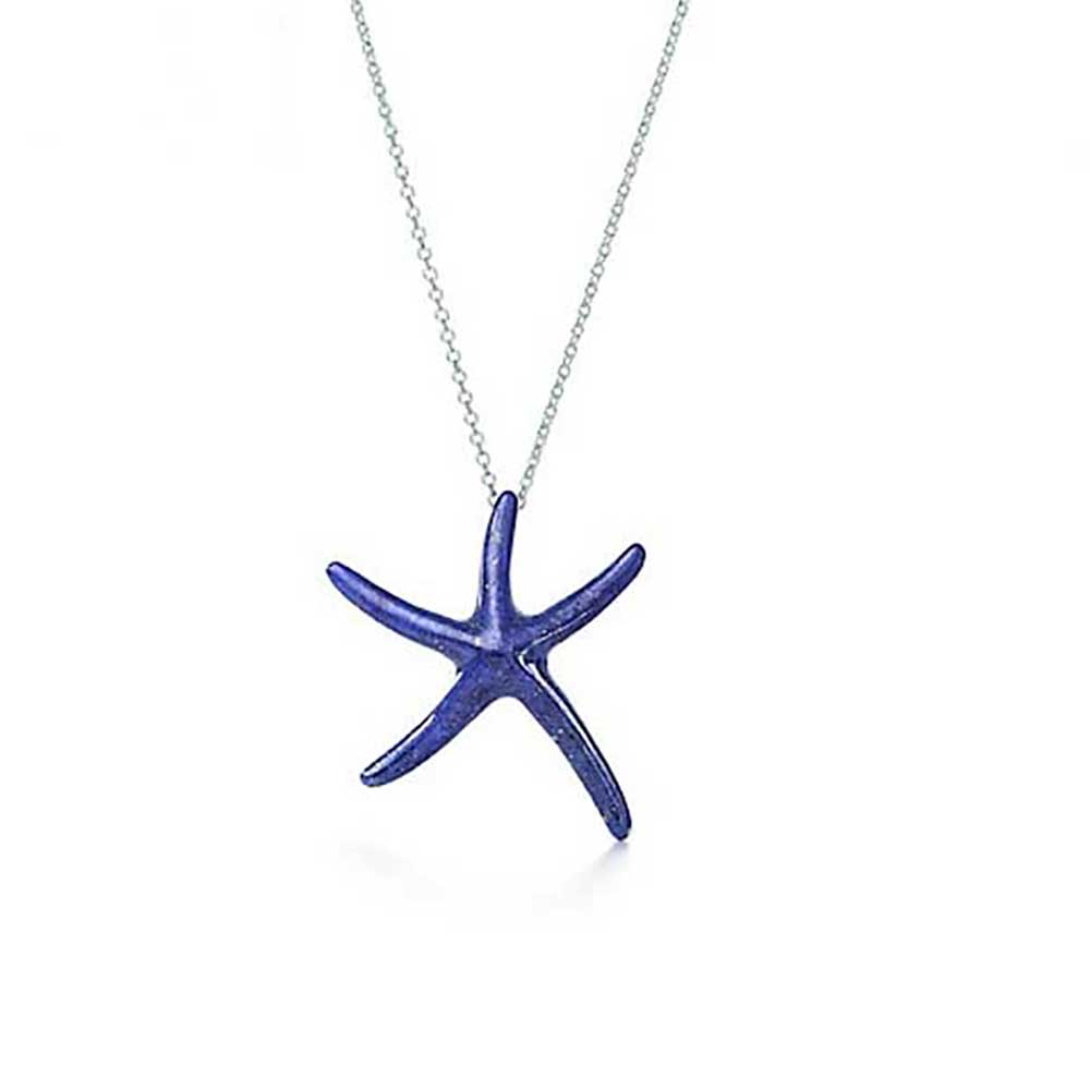 Elongated Lapis Lazuli and Sterling Silver Starfish Necklace