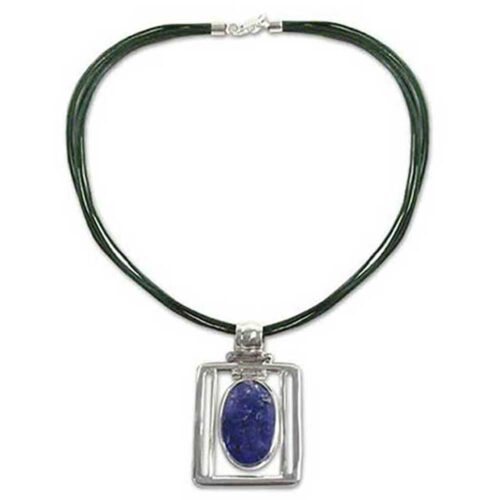 Sterling Silver, Lapis Lazuli and Leather Hinge Necklace