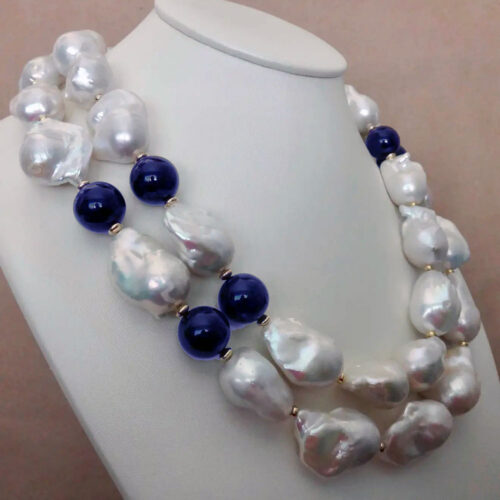 Double Strand Baroque Pearl and Lapis Lazuli Necklace with Vermeil Clasp