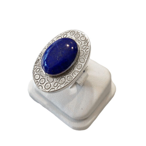 Textured Sterling Silver and Lapis Lazuli Oval Cabochon Ring