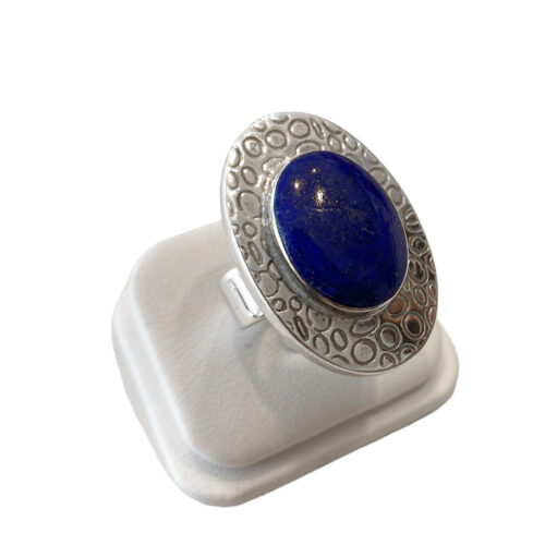 Textured Sterling Silver and Lapis Lazuli Oval Cabochon Ring