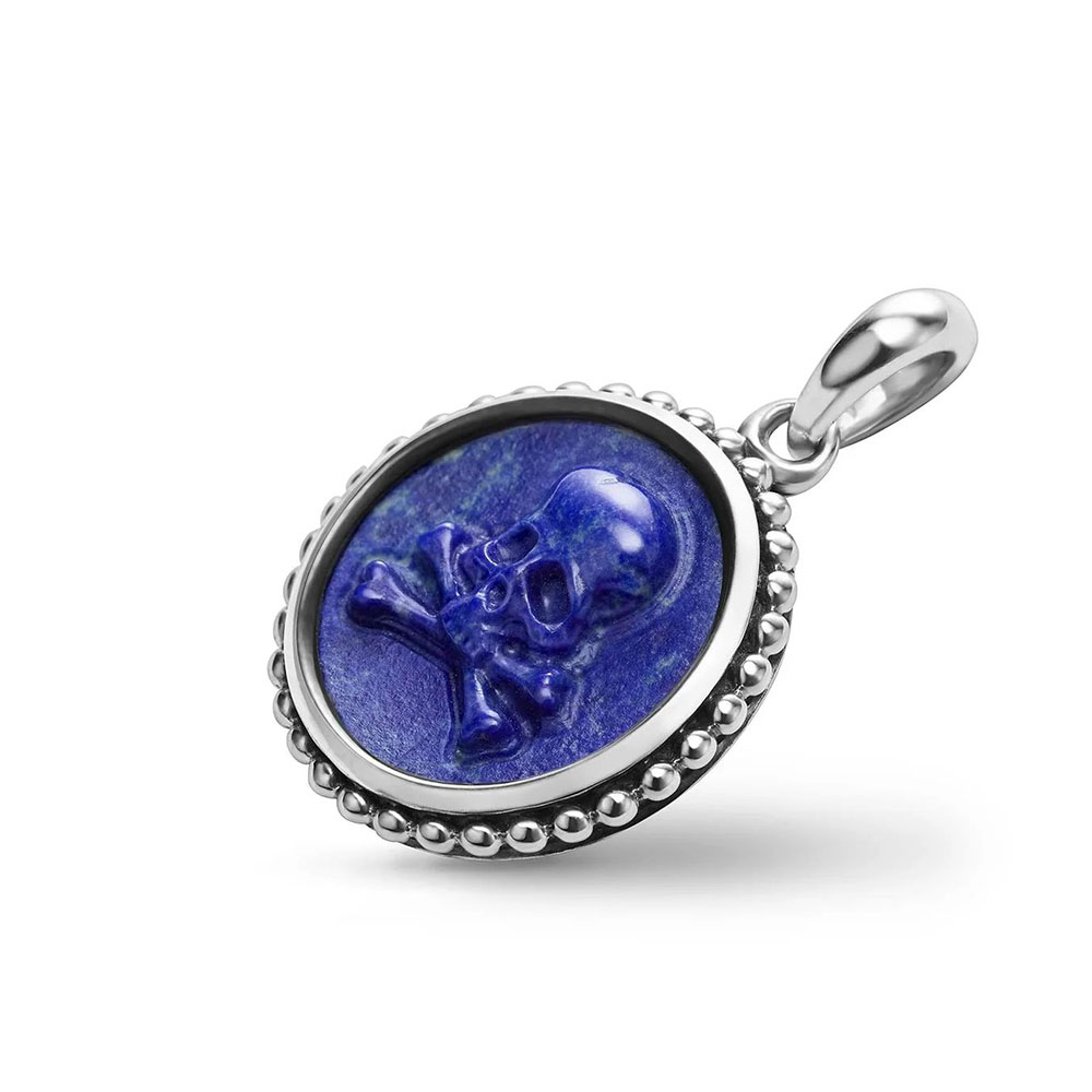 Skull and Bones Sterling Silver and Lapis Lazuli Amulet Pendant - Image 2