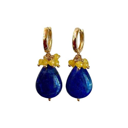 Solena 18K Gold, Yellow Calcite and Lapis Lazuli Hanging Earrings
