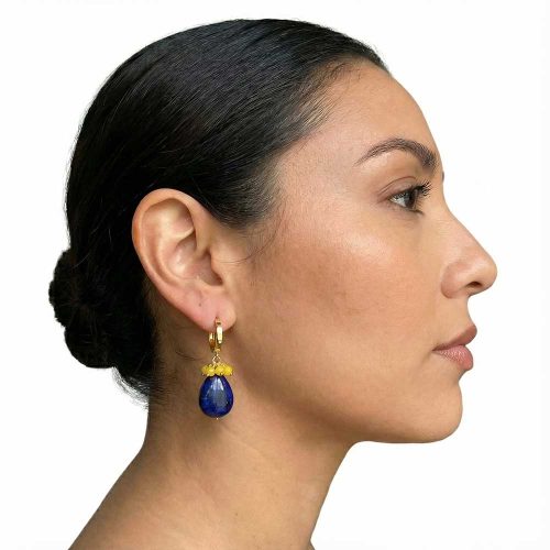 Solena 18K Gold, Yellow Calcite and Lapis Lazuli Hanging Earrings