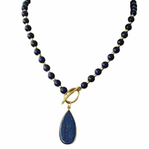 Cassiana 18K Gold and Lapis Lazuli Beads Necklace with Oval Charm