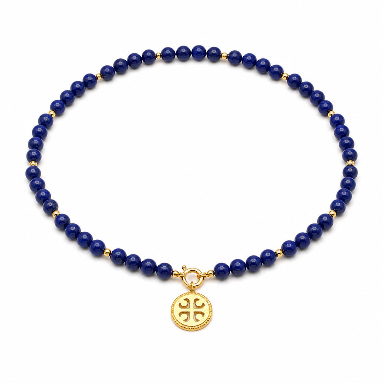 Lapis lazuli bead necklace, Celtic Cross Lapis Lazuli and Vermeil Bead Necklace, Lapis Lazuli World