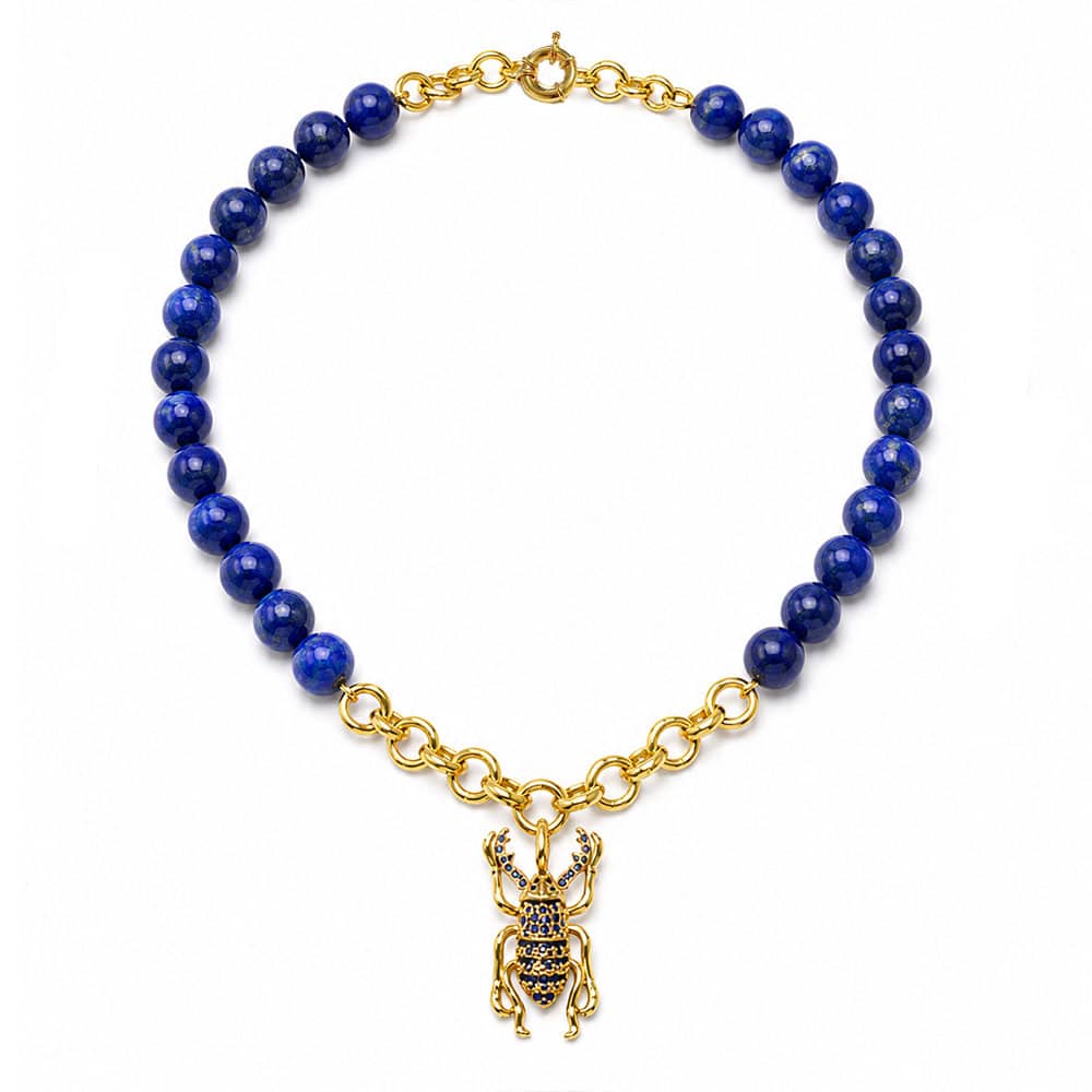 Lapis lazuli bead necklace, Scarab Lapis Lazuli and Vermeil Bead Necklace, Lapis Lazuli World