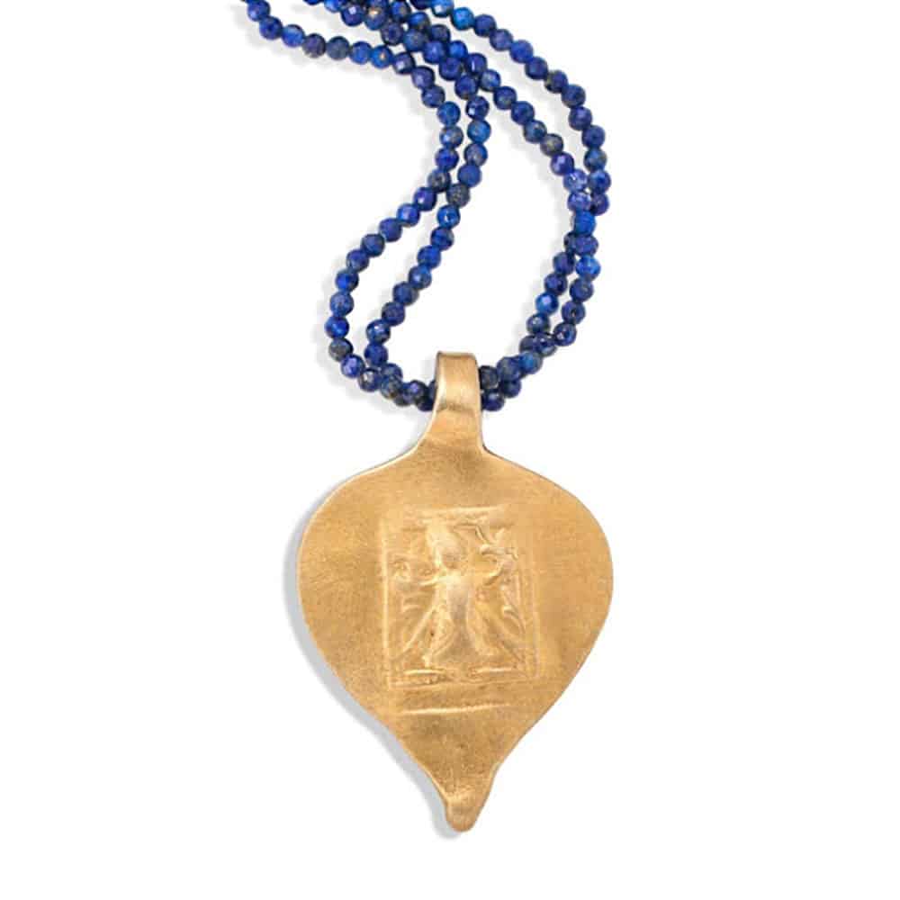 Lapis lazuli bead necklace, Kali Lapis Lazuli Beads and Vermeil Amulet Necklace, Lapis Lazuli World