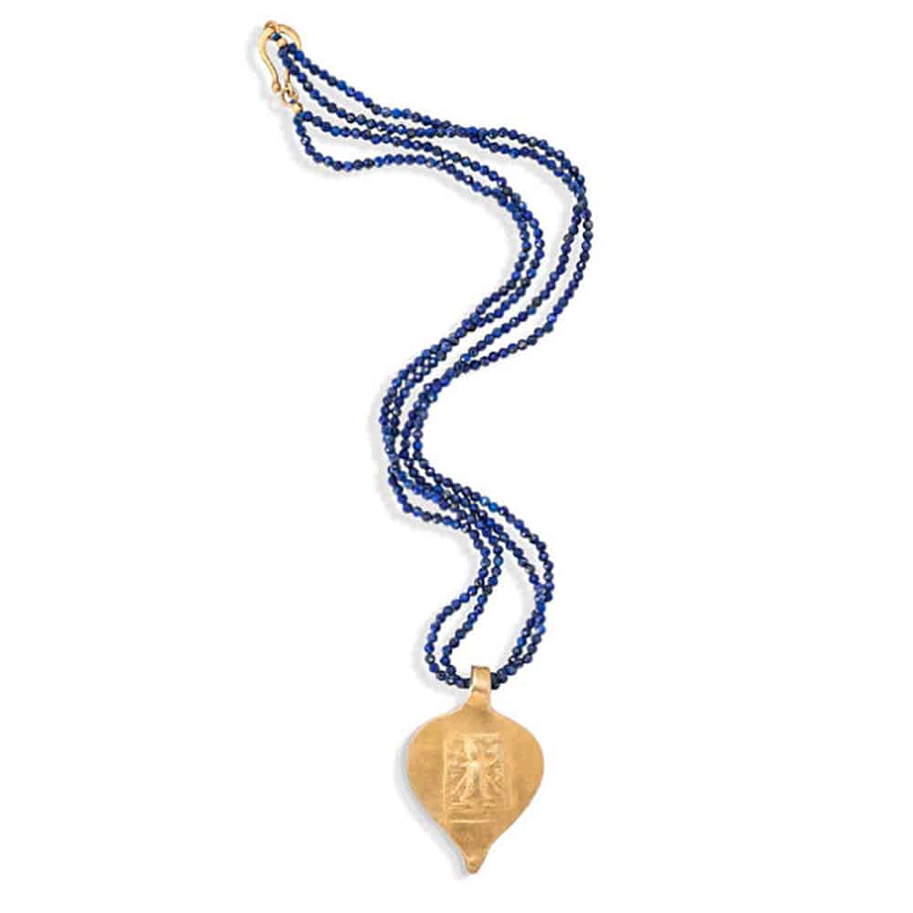 Lapis lazuli bead necklace, Kali Lapis Lazuli Beads and Vermeil Amulet Necklace, Lapis Lazuli World