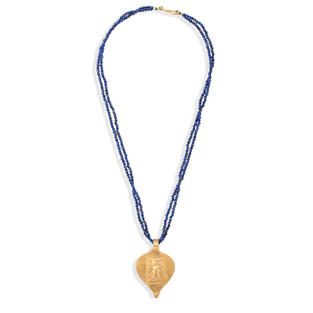 Lapis lazuli bead necklace, Kali Lapis Lazuli Beads and Vermeil Amulet Necklace, Lapis Lazuli World